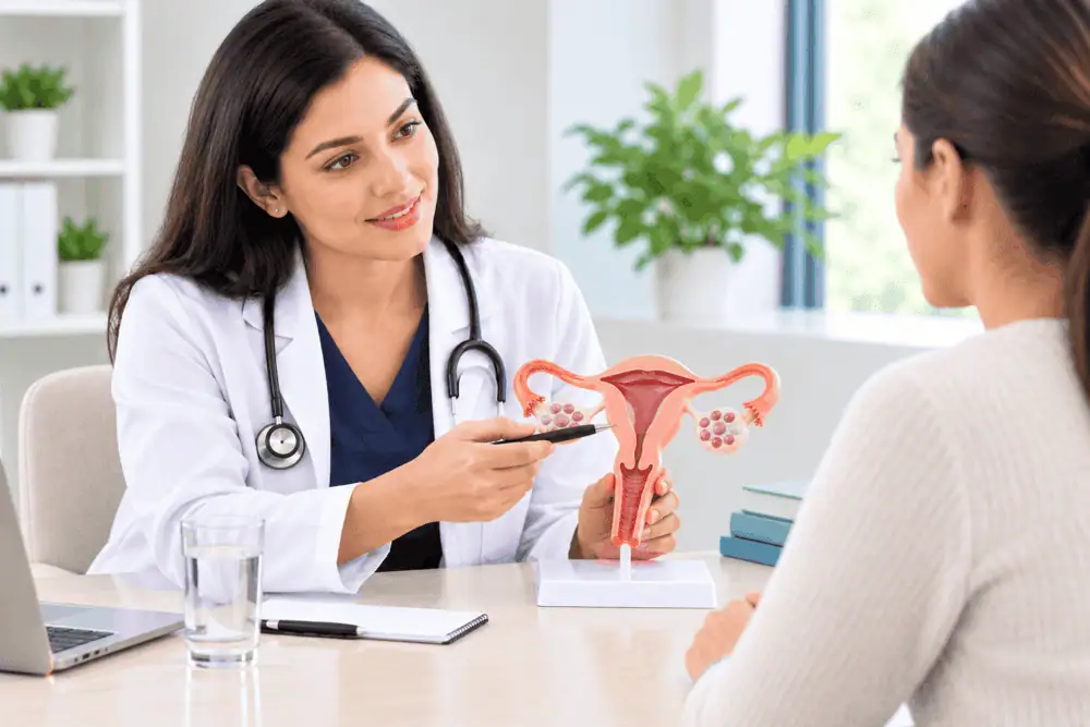Doctor explaining female reproductive anatomy to a patient during a PCOS treatment consultation in Jericho, NY